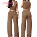 Office Jumpsuit Breathable Straight Pants with Belt Women Rompers. 