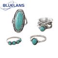 Finger Ring Alloy Material Boho Style Feather Turquoise Ring Set for Women 4pcs Wide Band Jewelry Gift Stylish Metal Ring.