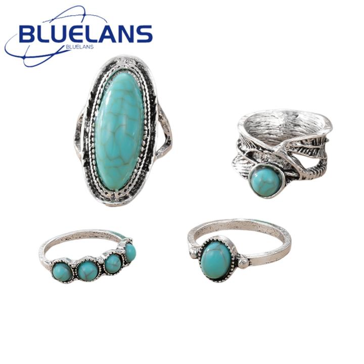 Finger Ring Alloy Material Boho Style Feather Turquoise Ring Set for Women 4pcs Wide Band Jewelry Gift Stylish Metal Ring