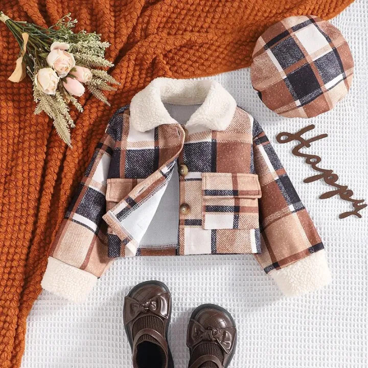 Kids%20Baby%20Girls%20Plaid%20Jacket%20Casual%20Warm%20Button%20Down%20Jackets%20and%20Beret%20Hat%20for%20Toddler%20Newborn%20-%20Image%202