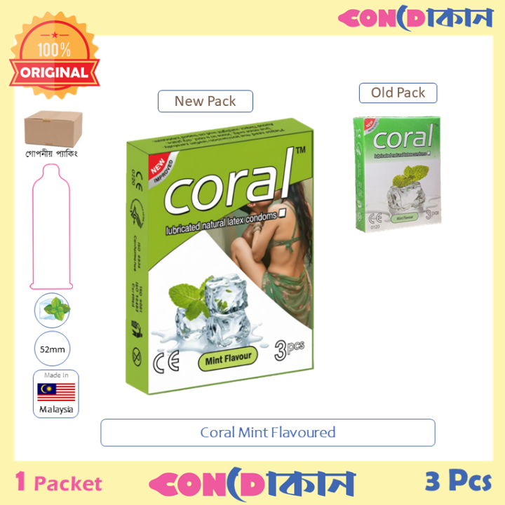 Coral Lubricated Natural Latex Mint Flavour Condom 1 Box ( 3 Pcs )
