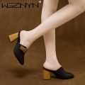 Women High Heeled Platform Half Slippers Leather Mules Femme Pointed Toe Feminino Office Ladies Chaussure Elegant Backless Shoes.