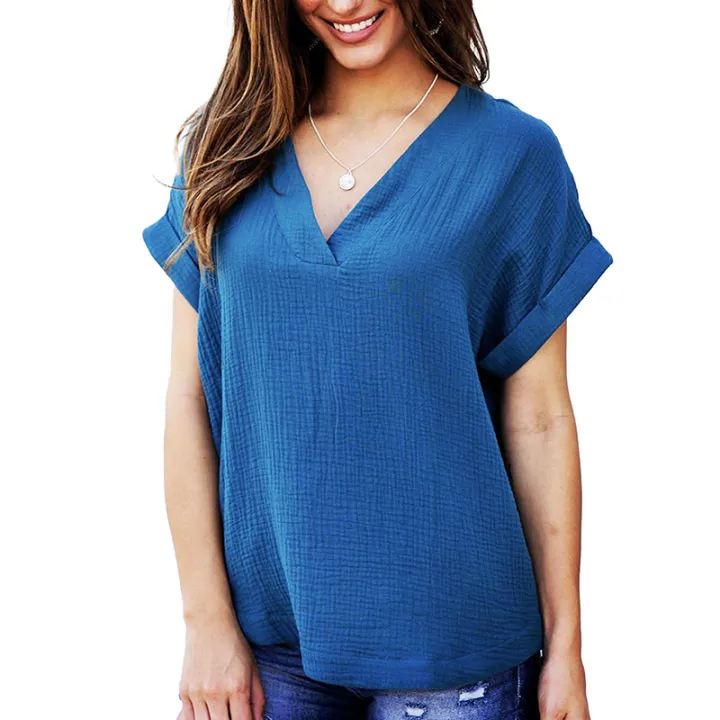 Lavish%20indulgent%20-%20Women%20Summer%20Short%20Sleeve%20Wrinkle%20V-neck%20Solid%20Color%20Women's%20Lady%20Tops%20Shirt%20Casual%20T-shirt%20-%20Easy%20To%20maintain%20-%20Image%202