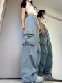 Women Y2K Korean Cargo Pants Hip Hop Loose Causal Wide Leg Pants Fashion High Waist Baggy Streetwear Multi Pockets Sweatpants.