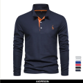 AIOPESON 2023 New Men's Deer Embroidery Polo Shirts Solid Color Long Sleeve Social Business Male.