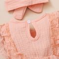 0-18 Months Newborn Baby Girl Plain Soft Bodysuit Lace Flared Sleeve Summer Romper with Headband Toddler Baby Girl Clothing.