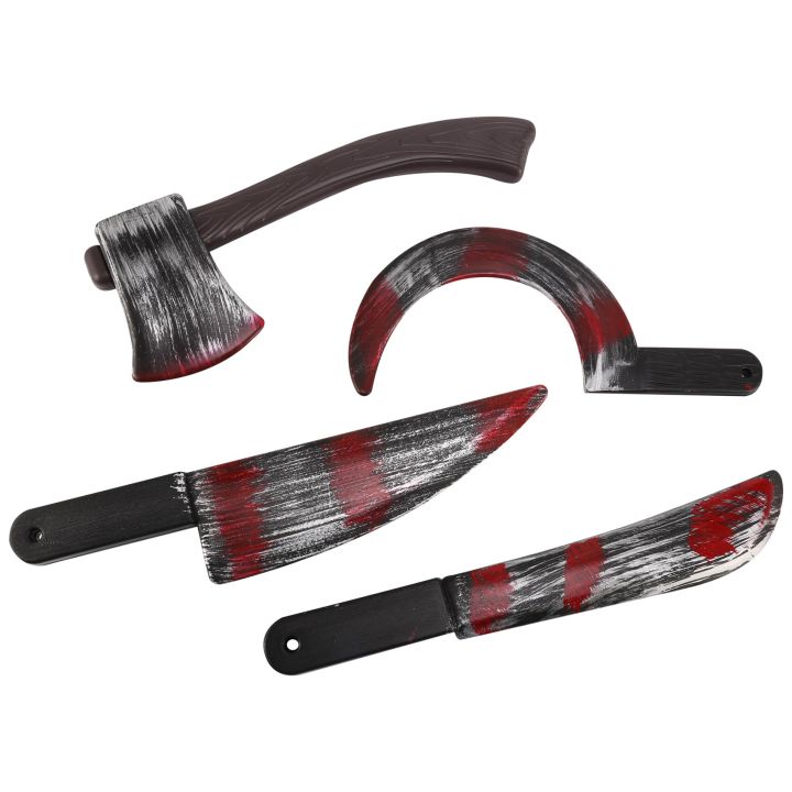 4Pc Halloween Plastic Fake Bloody Props Knife Ax Cleaver Sickle Role-Playing Horror Toy Halloween Party DIY