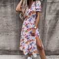 Sexy V Neck Autumn Party Dress Women Elegant Gorgeous Floral Prints A-Line Dress Fashion Long Sleeve Slit Long Dresses Vestidos. 