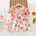 (New) flower print back ribbon bow tie infant dress summer new girls' baby bubble sleeve dress sweet girl CHILDREN'S clothing suitable for 0-3 years old. 
