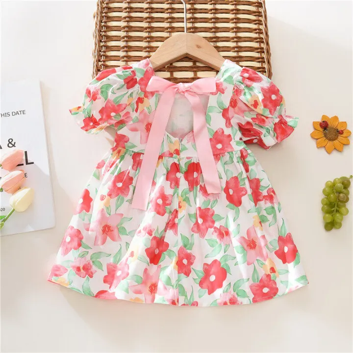 (New)%20flower%20print%20back%20ribbon%20bow%20tie%20infant%20dress%20summer%20new%20girls'%20baby%20bubble%20sleeve%20dress%20sweet%20girl%20CHILDREN'S%20clothing%20suitable%20for%200-3%20years%20old%20-%20Image%202
