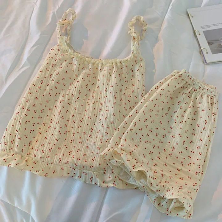 Women's Pajamas Summer Thin Sleeveless Tank Top Shorts Suit Korean Style Solid Color Floral Sweet Home Wear Can Be Worn outside