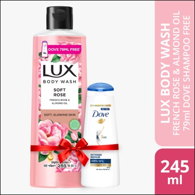 Lux Body Wash French Rose & Almond 245ml (Dove shampoo 79 ml Free)