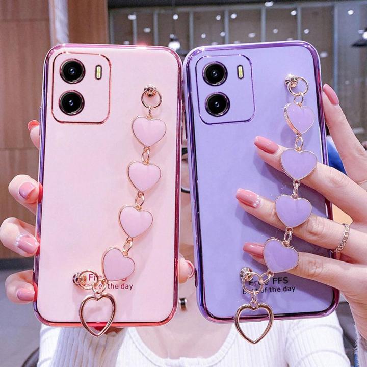 COROGI for Vivo Y01 / Vivo Y15S Back Cover + Love Heart Bracelet Luxury Glossy Shiny Plating Bumper Ladies Case Soft Silicone Protective Phone Cases