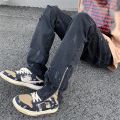 Light Blue Wide-leg Jeans 2024 Men New Korean Style Straight Baggy Middle Waist Pants Side Zipper Male Denim Trousers Size 2XL.