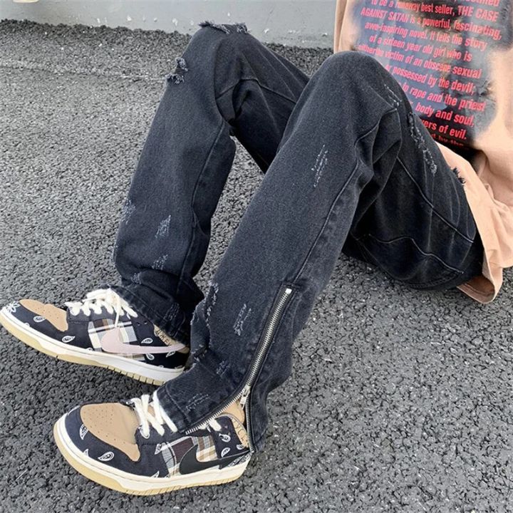 Light Blue Wide-leg Jeans 2024 Men New Korean Style Straight Baggy Middle Waist Pants Side Zipper Male Denim Trousers Size 2XL