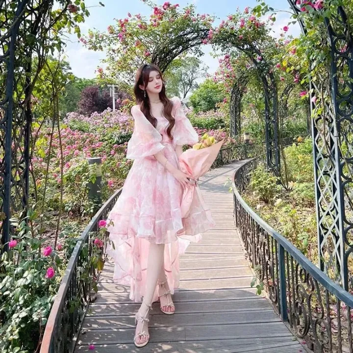 Women's%20Bubble%20Sleeves%20Pink%20Formal%20Occasion%20Evening%20Dress%20Elegant%20and%20Beautiful%20Retro%20Fragmented%20Flowers%20Sweet%20Mid%20Length%20Dress%20-%20Image%205