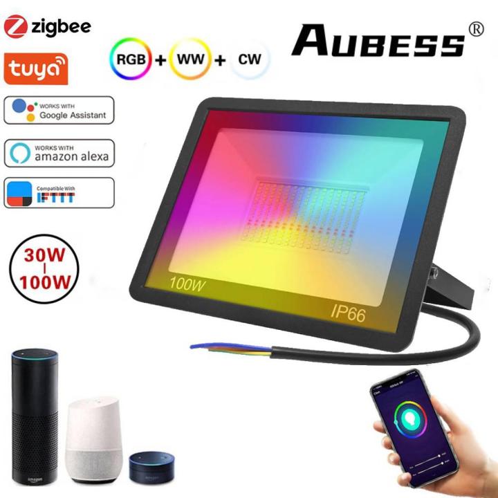 Aubess Tuya Smart Floodlightled flood light outdoor waterproof outdoor lighting search light garden smart street light Outdoor 220V 30W 50W 100W RGBCW Dimmable Warm Cold White Lighting for Alexa Google Home