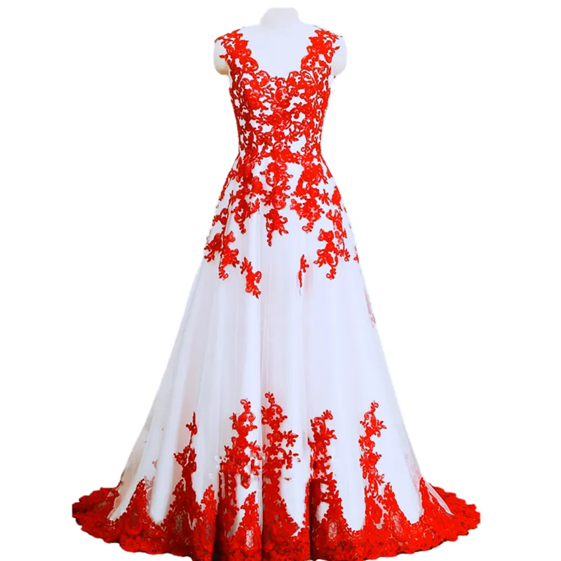 Vintage White And Red Wedding Dress Lace Applique Sleeveless Long A Line Bridal  Gowns V-neck Open Back Gothic Black Vestido