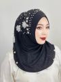 Muslim Beaded Hijab Adult Solid Color Hat Soft Hat with Flowers Female Hijab Shawl Wrap Buni Amira Style Arab Hijab Turkey. 
