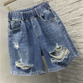 Extra Large Size300Jin Ripped Denim Shorts Women's Summer Thin FatMMHigh Waist All-Matching Loose Wide-Leg Half Pants. 