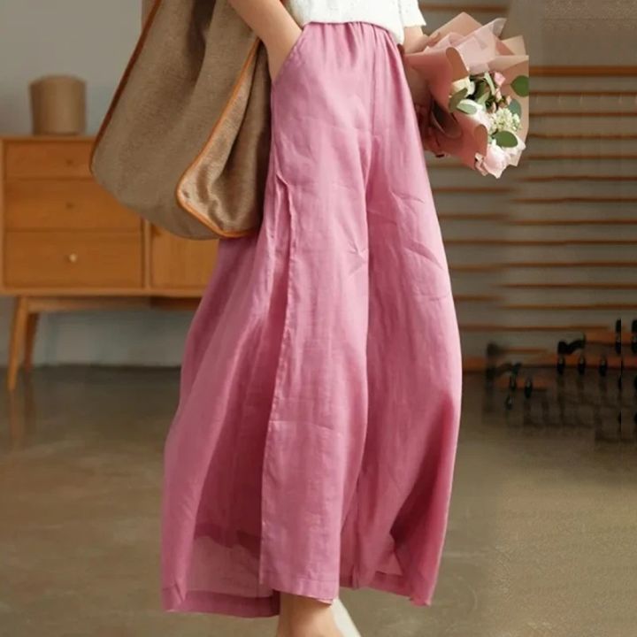 Women%20Summer%20Cotton%20Linen%20Pants%20Casual%20Fashion%20Elastic%20Waist%20Wide%20Leg%20Pants%20Elegant%20Straight%20Trousers%20-%20Image%205