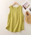 Women's Summer Loose Simple Orange Tank Top O-Neck Side Button Design Solid Pullover Sleeveless T-shirt.