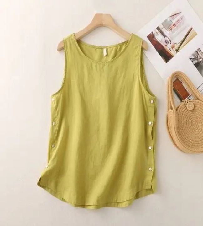 Women's%20Summer%20Loose%20Simple%20Orange%20Tank%20Top%20O-Neck%20Side%20Button%20Design%20Solid%20Pullover%20Sleeveless%20T-shirt%20-%20Image%204