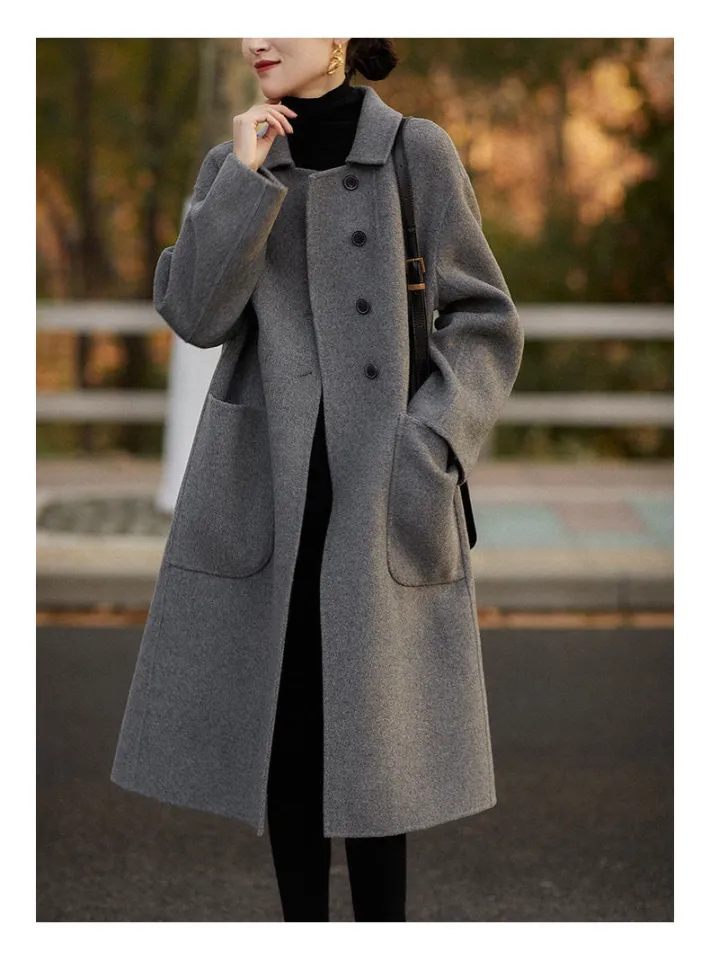 Yfashion Women Pea Coat Fashion Solid Color Long Sleeves Mid length Wool Coat With Pockets Winter Loose Casual Jacket color Daraz .bd