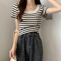 French Style Big u Collar Black and White Striped Shoulder Square Collar Short Sleeve T T-shirt Women's Summer Design Sense Niche Short Clavicle Top. 