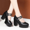 Spring Vintage Soft Leather Mary Jane Women's Platform Shoes 2024 Block High Heel Comfort Office Model Mom Single Shoes. 