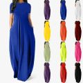 S-5XL 11Colors Oversize O-Neck Pockets Long Dress Casual Solid Short Sleeve High Waist Women Summer Party Daily Travel Maxi Wear. 