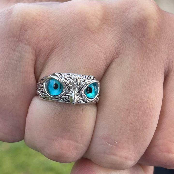 Blue Demon Eyes Owl/Ullu Bird Face Design Thumb Finger Ring Stainless Steel Silver Plated Ring