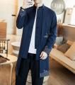 Trench Coat Men two Pieces Cardigan Kimono Coat Male Long Chinese Style Black Loose Vintage Cotton Linen. 