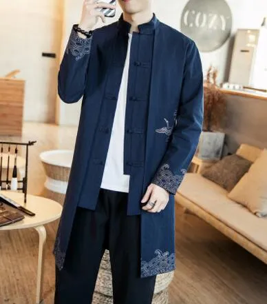 Trench%20Coat%20Men%20two%20Pieces%20Cardigan%20Kimono%20Coat%20Male%20Long%20Chinese%20Style%20Black%20Loose%20Vintage%20Cotton%20Linen%20-%20Image%202