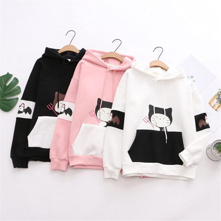 High Quality Women Cute Bat Cat Printed Cotton Hoodie For Winter