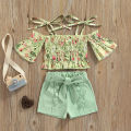 Two Piece Girl’s Clothes Set Fashion Printed Mid-sleeve T-shirt and Solid Color Short Pants with Belt. 
