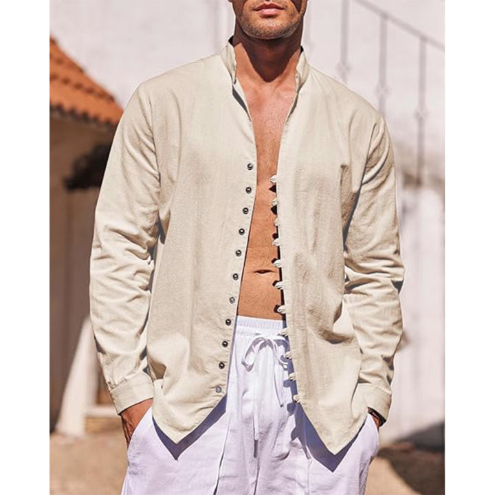 Men's%20Cotton%20Linen%20Shirt%20Long%20Sleeve%20Shirts%20Men%20Beach%20Shirt%20Summer%20Casual%20Solid%20Color%20Stand%20Collar%20Men's%20Shirt%20-%20Image%202
