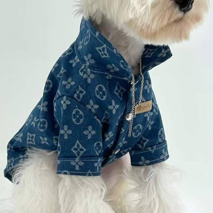 Pet denim shirt, large dog with golden fur, expensive Samo puppy clothing, teddy bear, Pomeranian autumn and winter thick fashion label