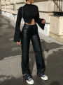 Straight Leather Pants Women High Waist PU Faux Leather Trousers Baggy Patchwork Black Female Streetwear Winter Clothing 2022. 