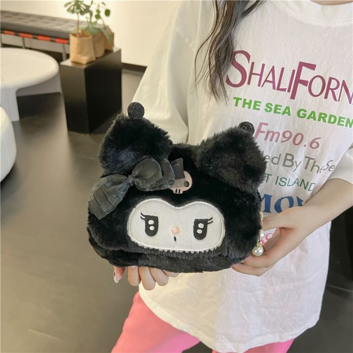Sanrio Kuromi Makeup Bags Woman Kawaii Cartoon Casual Storage Bag Girls Travel Cosmetic Bag Melody Cute Soft Plush Handbag