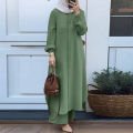 Ladies 2 Pieces Set Islamic Dress Jumpsuit Muslim Top Solid Arabic Blouse and Pants.