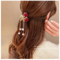 Hair Claw Exquisite Pearl Tassel Hair Accessories Red Velvet Flocked Rose Flower Retro Hairpin Women Popular Ponytail Holder. 