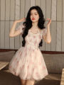Floral Sweet Fairy Bodycon Dresses for Women Elegant Party Print French Female Korean Fashion Cute Mini Dress Summer 2023 Pink. 