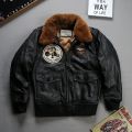 Felix cat Bomber Coat Detachable Fur Collar In Black Orange Man's Buffalo hide And Goat Skin Leather Jacket.