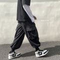 insFashion Cargo Pants Male Korean Trendy Hong Kong Style Student Drawstring Ankle-Tied Loose Ninth Straight Casual Pants. 