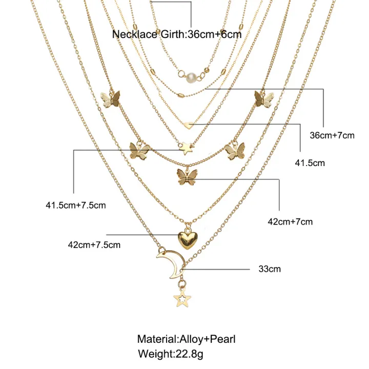 6%20Pcs/set%20Pendant%20%20Necklace%20Creative%20Personality%20Multi-layer%20erflies%20Moon%20Peach%20Heart-shaped%20Pendant%20color:old%20-%20Image%203