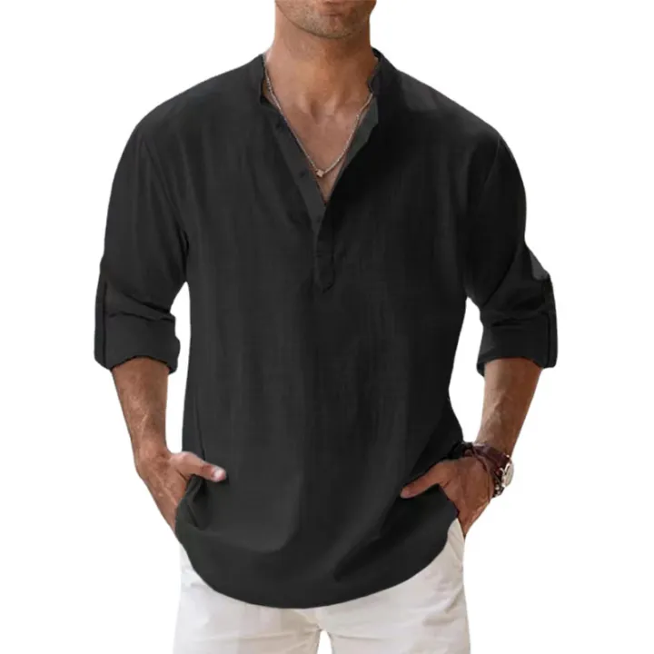 New%20Men's%20Cotton%20Shirts%20Linen%20Casual%20Long%20Sleeve%20Button%20Down%20Shirt%20Band%20Collar%20Loose%20Tops%20M-5XL%20-%20Image%202