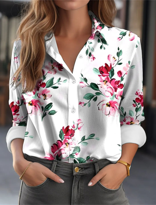 2024%20Summer%20Flower%20Printed%20Long%20Sleeved%20T-Shirt%20Women%20Loose%20Elegant%20Tops%20Office%20Lady%20Vacation%20Beach%20Casual%20Sweet%20Blouse%20-%20Image%204