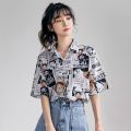 90 Short Sleeve Japanese Style Anime Print Shirt Women Couple Loose-Fitting Versatile Outerwear Women's Shirt Thin Blouse. 