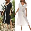 V-Neck Hollow Out Cover Up Woman Swimsuit Side Split Short Sleeve Beach Midi Dress 2023 Ladies Knit Bikini Cover-Ups Dress.